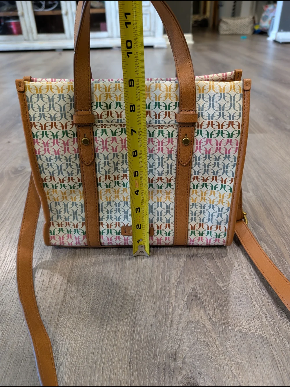 Fossil Kingston Monogram Canvas Leather Crossbody Bag Tote Neutral Multi Color